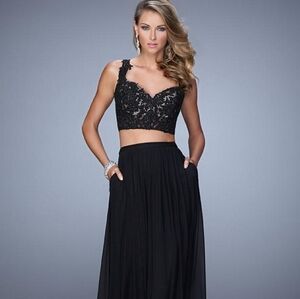 NWT La Femme Prom two-piece dress with a beaded lace top & jersey skirt, Sz 2
